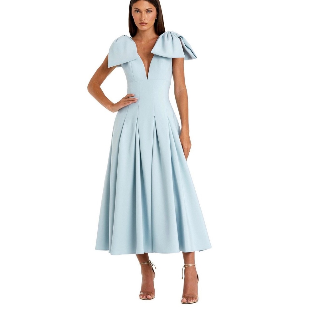 IEENA for Mac Duggal Pleated Crepe A Line Midi Dress Bow Straps Light Blue Sz 4